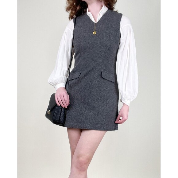 Vintage Wool Pinafore Mini Dress Preppy Dark Light Academia Fall Winter 90s Y2K - Picture 8 of 10